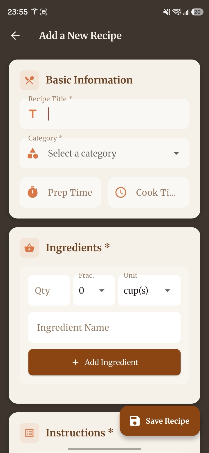 Adding a new recipe: title, category, prep and cook times, and ingredients