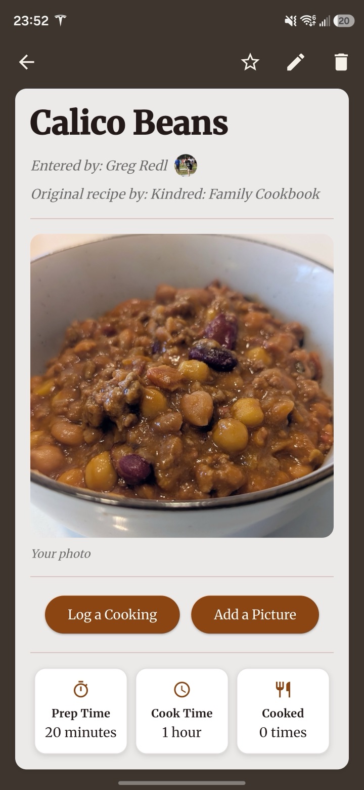 A Family Cookbook recipe for Calico Beans, with a photo of the dish, prep and cook times