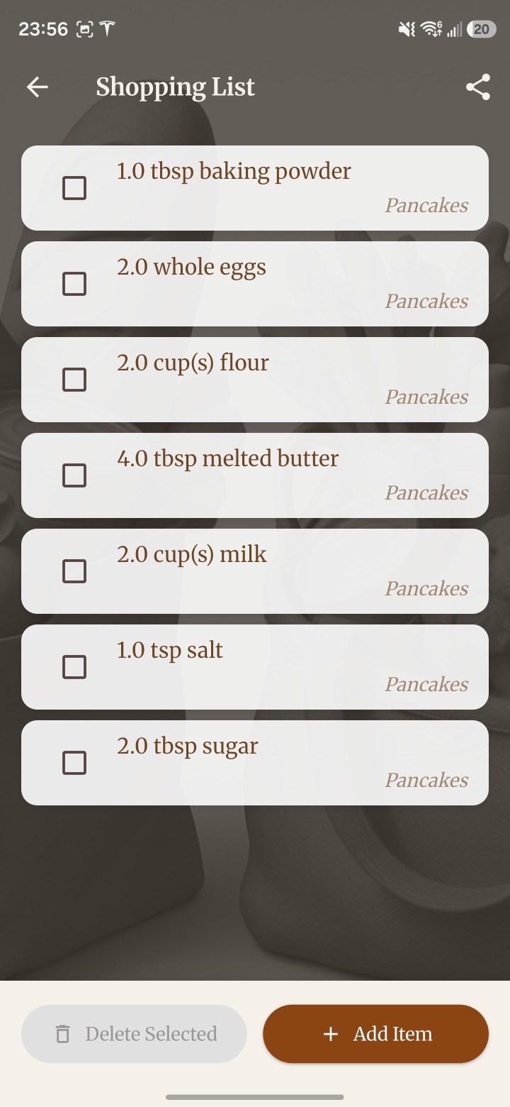 The shopping list, with a recipe’s ingredients ready to check off