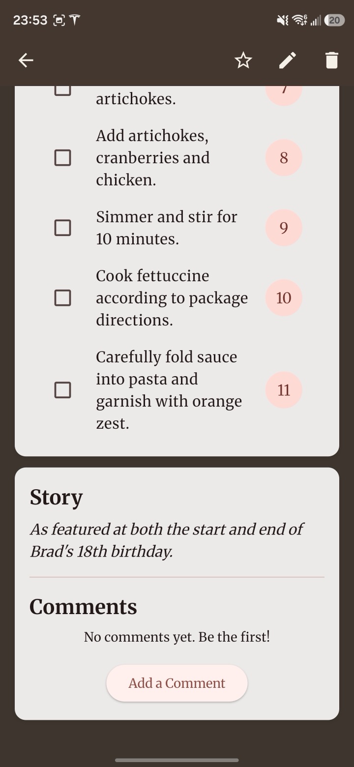 The end of a recipe: numbered steps, then the family story behind the dish and a comments section