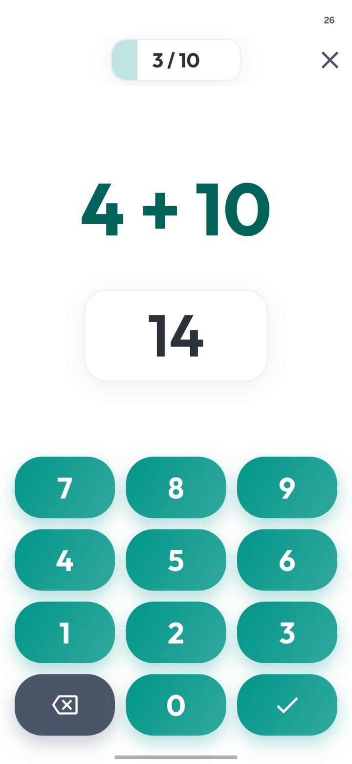 Practising in Mathfacto: a question with a large answer box and keypad, question 3 of 10