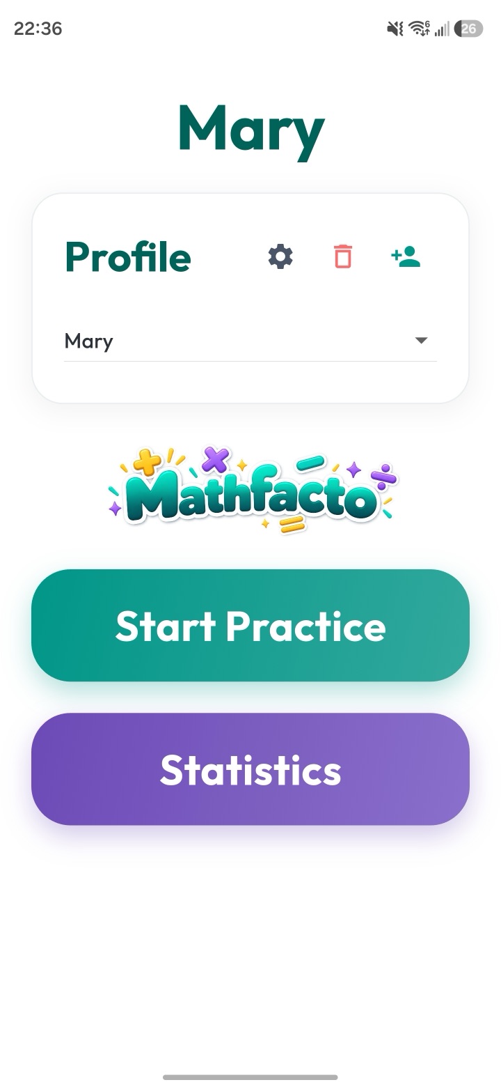 The Mathfacto home screen with a learner profile selected