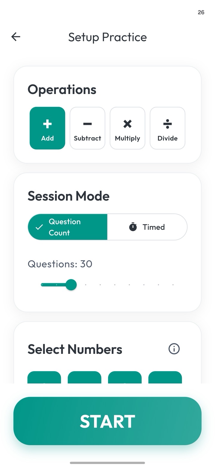 Setting up practice: choosing operations, question count or timed mode, and numbers