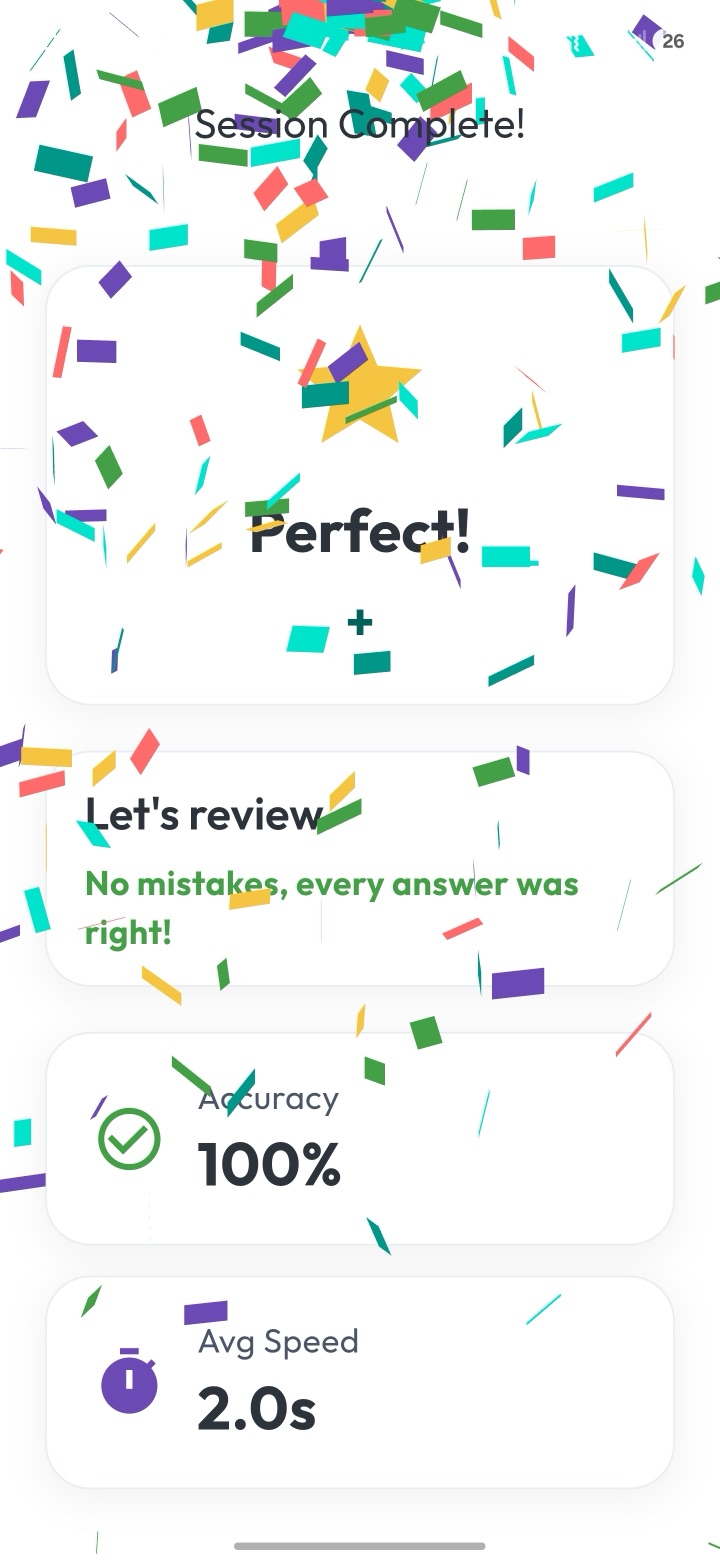 Session complete: a perfect score with confetti, accuracy and average speed